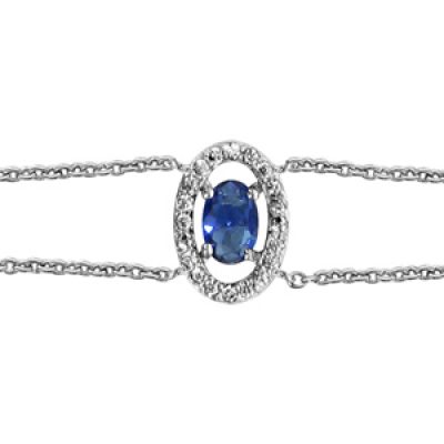 Bracelet en argent rhodié collection joaillerie chaîne doublée avec au milieu 1 oxyde ovale bleu et entourage d'oxydes blancs sertis - longueur 16cm + 2cm de rallonge