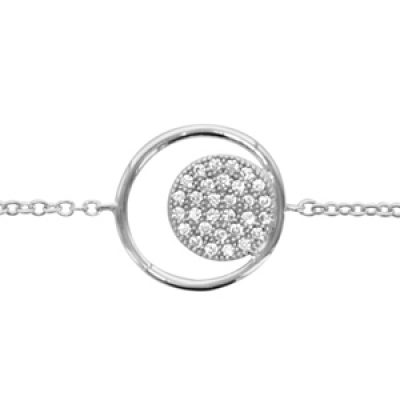 Bracelet en argent rhodié chaîne avec au milieu 1 anneau et 1 rond pavé d'oxydes blancs à l'intérieur - longueur 16cm + 2cm de rallonge