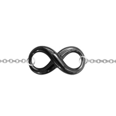Bracelet en argent rhodié chaîne avec symbole infini en céramique noire au milieu - longueur 16cm + 3cm de rallonge