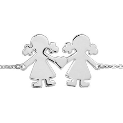 Bracelet en argent chaîne avec 2 petites filles reliées par un coeur au milieu - longueur 16cm + 3cm de rallonge
