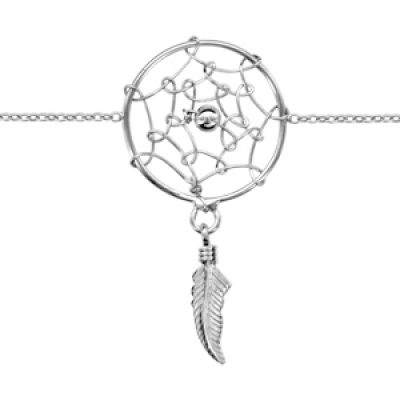 Bracelet en argent rhodié chaîne avec attrape rêves avec petite boule lisse au milieu et 1 plume suspendue au milieu - longueur 16cm + 3cm de rallonge