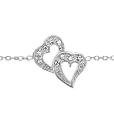 Bracelet en argent rhodié chaîne avec au milieu 2 coeurs évidés superposés et ornés d'oxydes blancs - longueur 16cm + 3cm de rallonge