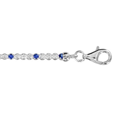 Bracelet en argent rhodié collection joaillerie maille tennis d'oxydes blancs et bleus sertis alternés - longueur 16cm + 3cm de rallonge