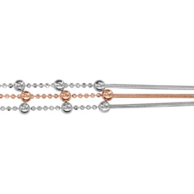 Bracelet en argent rhodié 3 chaînes dont 1 dorée rose avec une partie lisse et une partie boules alternée de boules plus grosses - longueur 16cm + 3cm de rallonge