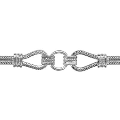 Bracelet en argent rhodié chaîne doublée avec anneau au milieu et éléments ouvragés - longueur 16cm + 3cm de rallonge