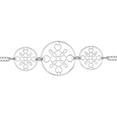 Bracelet en argent rhodié chaîne doublée avec au milieu 3 cercles de tailles différentes avec motifs ajourés à l'intérieur - longueur 16cm + 3cm de rallonge