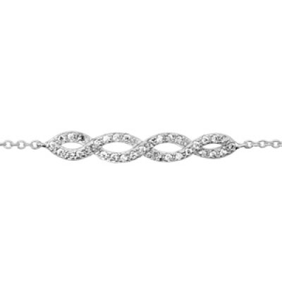 Bracelet en argent rhodié chaîne avec 2 brins torsadés lâche et ornés d'oxydes blancs sertis - longueur 16cm + 2cm de rallonge