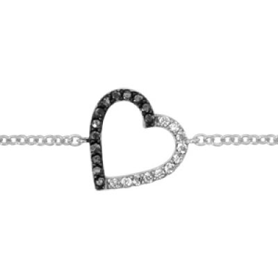 Bracelet en argent rhodié chaîne avec au milieu coeur évidé avec 1 moitié en oxydes blancs sertis et l'autre en oxydes noirs - longueur 16cm + 2cm de rallonge