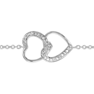 Bracelet en argent rhodié chaîne avec au milieu 2 coeurs emmaillés avec 1 moitié sur chaque ornée d'oxydes blancs sertis - longueur 16cm + 2cm de rallonge