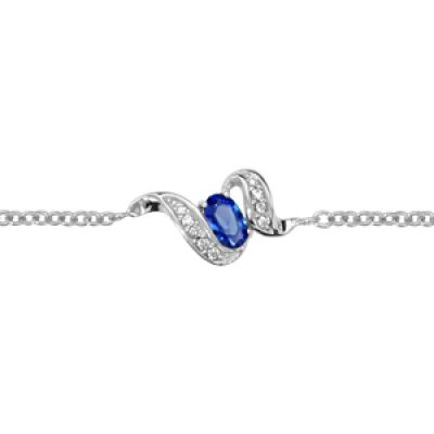 Bracelet en argent rhodié collection joaillerie chaîne avec au milieu 1 oxyde ovale bleu au centre de vagues ornées d'oxydes blancs sertis - longueur 16cm + 2cm de rallonge