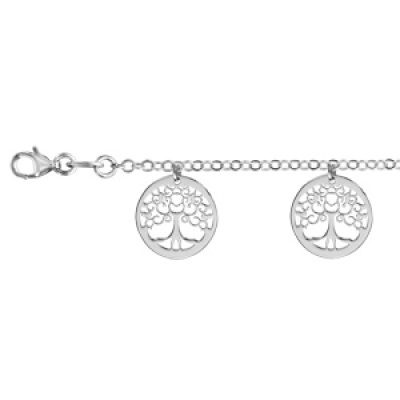 Bracelet en argent rhodié chaîne avec 5 pampilles arbres de vie ajourés - longueur 16cm + 3cm de rallonge