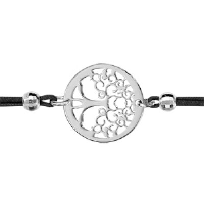 Bracelet en argent rhodié cordon doublé noir avec rond découpé en arbre de vie à l'intérieur - longueur 16cm + 3cm de rallonge