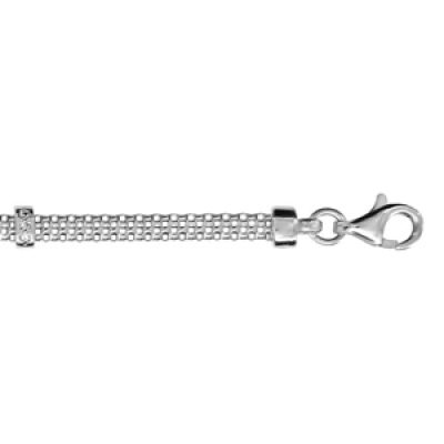Bracelet en argent rhodié mailles ajourées avec 5 motifs ornés d'oxydes blancs sertis - longueur 16cm + 3cm de rallonge