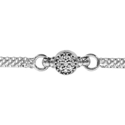 Bracelet en argent rhodié mailles ajourées avec rond pavé d'oxydes blancs sertis au milieu - longueur 16cm + 3cm de rallonge