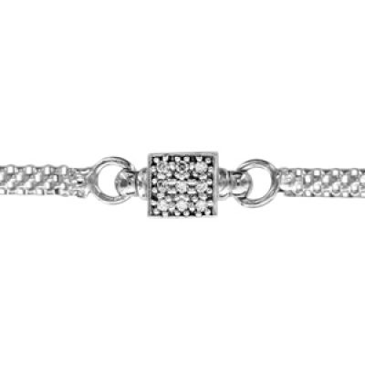 Bracelet en argent rhodié mailles ajourées avec carré pavé d'oxydes blancs sertis au milieu - longueur 16cm + 3cm de rallonge