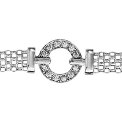 Bracelet en argent rhodié chaîne maille milanaise avec au milieu 1 anneau orné d'oxydes blancs sertis - longueur 16cm + 3cm de rallonge