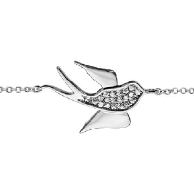 Bracelet en argent rhodié chaîne avec au milieu hirondelle avec corps orné d'oxydes blancs sertis et ailes lisses - longueur 16cm + 2cm de rallonge