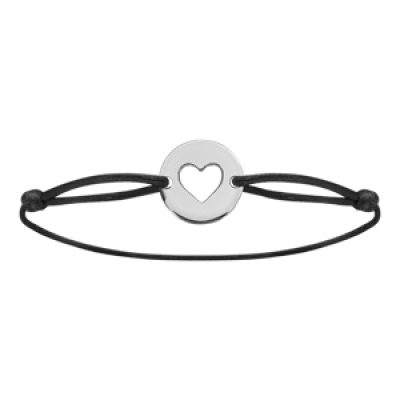 Bracelet en argent cordon noir coulissant avec rondelle trouée en forme de coeur au milieu