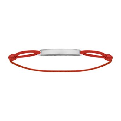 Bracelet en argent rhodié cordon rouge coulissant avec plaque rectangulaire longue au milieu