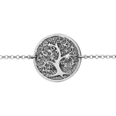 Bracelet en argent rhodié chaîne avec au milieu rond givré avec arbre de vie lisse à l'intérieur - longueur 17cm + 3cm de rallonge