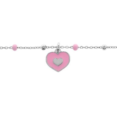 Bracelet en argent rhodié pampille coeur rose 15+3cm