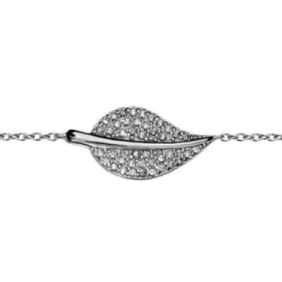 Bracelet en argent rhodié chaîne avec au milieu feuille pavée d'oxydes blancs avec tige lisse - longueur 16cm + 2cm de rallonge