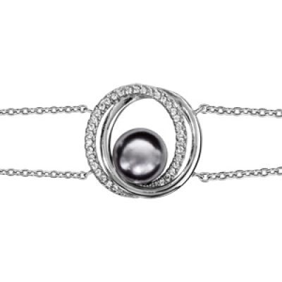 Bracelet en argent rhodié chaîne doublée avec 2 anneaux superposés dont 1 lisse et l'autre orné d'oxydes blancs sertis et avec 1 perle grise synthétique au milieu - longueur 16cm + 3.5cm de rallonge