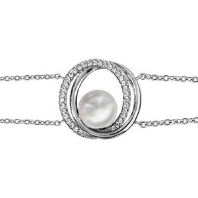 Bracelet en argent rhodié chaîne doublée avec 2 anneaux superposés dont 1 lisse et l'autre orné d'oxydes blancs sertis et avec 1 perle blanche synthétique au milieu - longueur 16cm + 3.5cm de rallonge