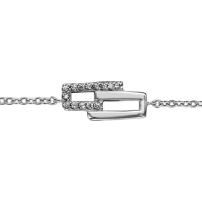 Bracelet en argent rhodié chaîne avec 2 rectangles ouverts imbriqués dont 1 orné d'oxydes blancs sertis et l'autre lisse au milieu - longueur 16cm + 2cm de rallonge