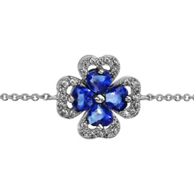Bracelet en argent rhodié collection joaillerie chaîne avec au milieu trèfle à 4 feuilles en oxydes bleus avec contours en oxydes blancs sertis - longueur 16cm + 2cm de rallonge