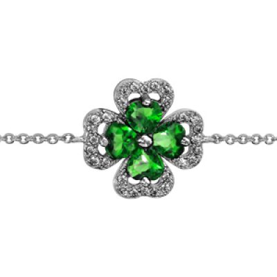 Bracelet en argent rhodié collection joaillerie chaîne avec au milieu trèfle à 4 feuilles en oxydes verts avec contours en oxydes blancs sertis - longueur 16cm + 2cm de rallongem
