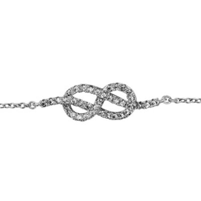 Bracelet en argent rhodié chaîne avec au milieu 1 noeud marin en oxydes blancs sertis - longueur 16cm + 2cm de rallonge
