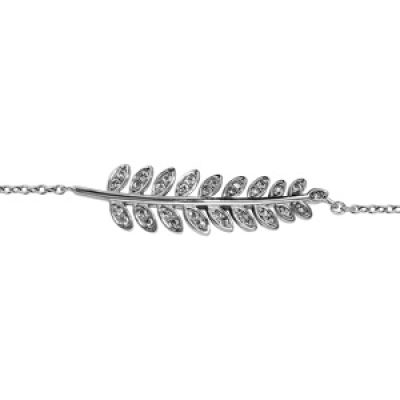 Bracelet en argent rhodié chaîne avec au milieu 1 feuille de frêne ornée d'oxydes blancs sertis - longueur 16cm + 2cm de rallonge