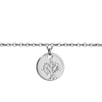 Bracelet en argent rhodié chaîne avec médaille de 10mm de diamètre avec gravure arbre de vie - longueur 14cm + 2cm de rallonge
