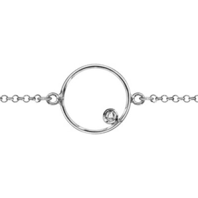 Bracelet en argent rhodié chaîne avec anneau au milieu avec 1 oxyde blanc sertis clos à l'intérieur - longueur 16cm + 3cm de rallonge