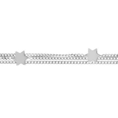 Bracelet en argent rhodié 3 chaînes agrémentées d'étoiles lisses - longueur 16cm + 3cm de rallonge