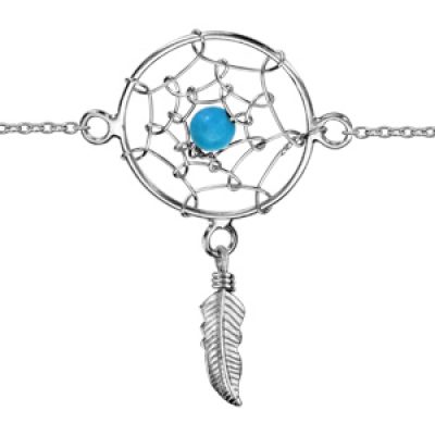 Bracelet en argent rhodié chaîne avec attrape rêves avec petite boule turquoise au milieu et plume suspendue au milieu - longueur 16cm + 2