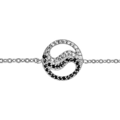 Bracelet en argent rhodié chaîne avec au milieu symbole Yin & Yang ajouré et orné d'oxydes blancs et noirs - longueur 15