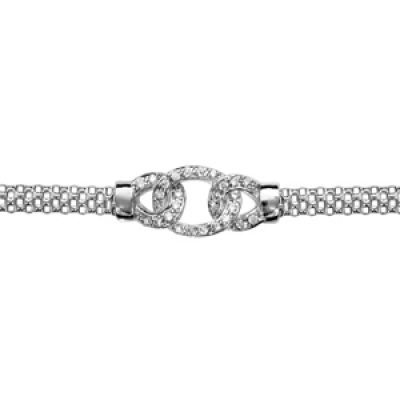 Bracelet en argent rhodié chaîne petites maille milanaise avec au milieu 3 maillons ornés d'oxydes blancs sertis - longueur 15cm + 3cm de rallonge