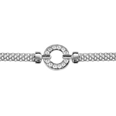 Bracelet en argent rhodié chaîne petites maille milanaise avec au milieu 1 anneau orné d'oxydes blancs sertis - longueur 15cm + 3cm de rallonge