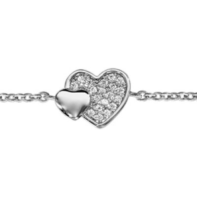 Bracelet en argent rhodié chaîne avec au milieu 2 coeurs superposés