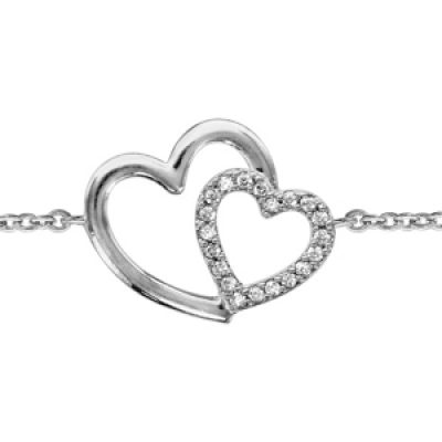 Bracelet en argent rhodié chaîne avec au milieu 2 coeurs croisés