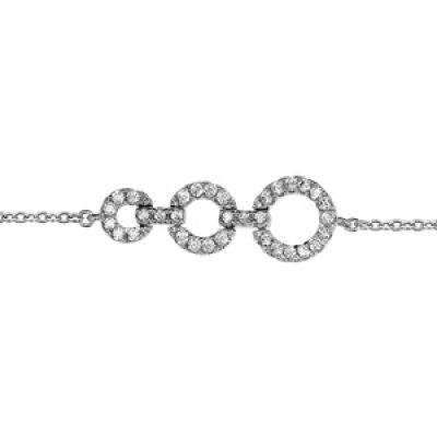 Bracelet en argent rhodié chaîne avec au milieu 3 anneaux de taille différente ornés d'oxydes blancs sertis - longueur 16cm + 2cm de rallonge