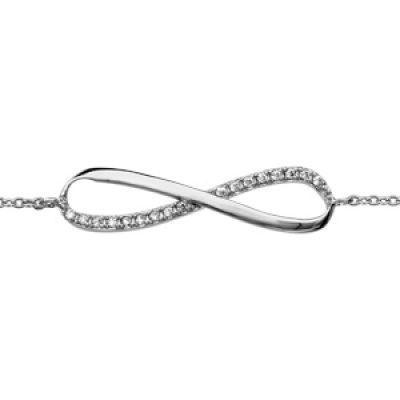 Bracelet en argent rhodié chaîne avec au milieu symbole infini orné d'oxydes blancs sur moitié du symbole - longueur 16cm + 2cm de rallonge