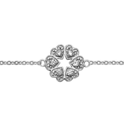 Bracelet en argent rhodié chaîne avec au milieu 1 rond fait avec plusieurs coeurs ornés d'oxydes blancs sertis et ouverture en forme d'étoile au centre - longueur 16cm + 3cm de rallonge