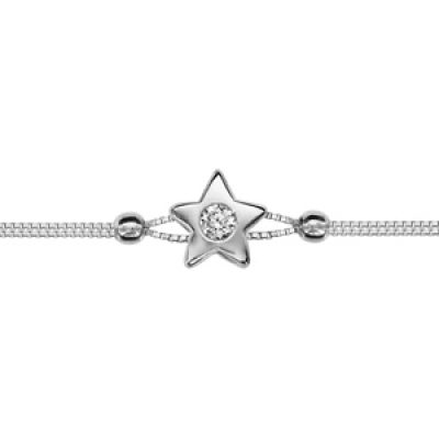 Bracelet en argent rhodié chaîne doublée avec 2 boules lisses et étoile lisse avec oxyde blanc serti au centre au milieu - longueur 16cm + 3cm de rallonge