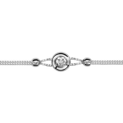 Bracelet en argent rhodié chaîne doublée avec 2 boules lisses et oxyde blanc serti clos au milieu - longueur 16cm + 3cm de rallonge