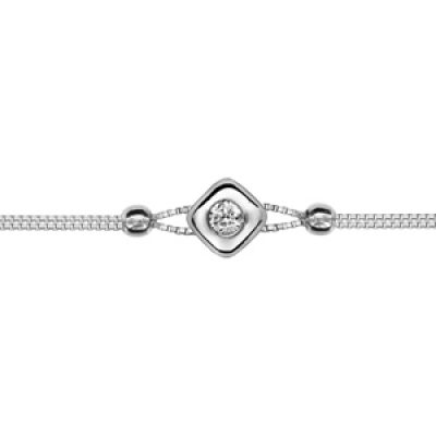 Bracelet en argent rhodié chaîne doublée avec 2 boules lisses et carré arrondi avec oxyde blanc serti au centre au milieu - longueur 16cm + 3cm de rallonge