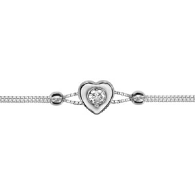 Bracelet en argent rhodié chaîne doublée avec 2 boules lisses et coeur avec oxyde blanc serti au centre au milieu - longueur 16cm + 3cm de rallonge