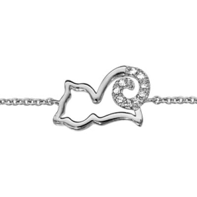 Bracelet en argent rhodié chaîne avec chat ajouré stylisé avec queue ornée d'oxydes blancs - longueur 16cm + 2cm de rallonge